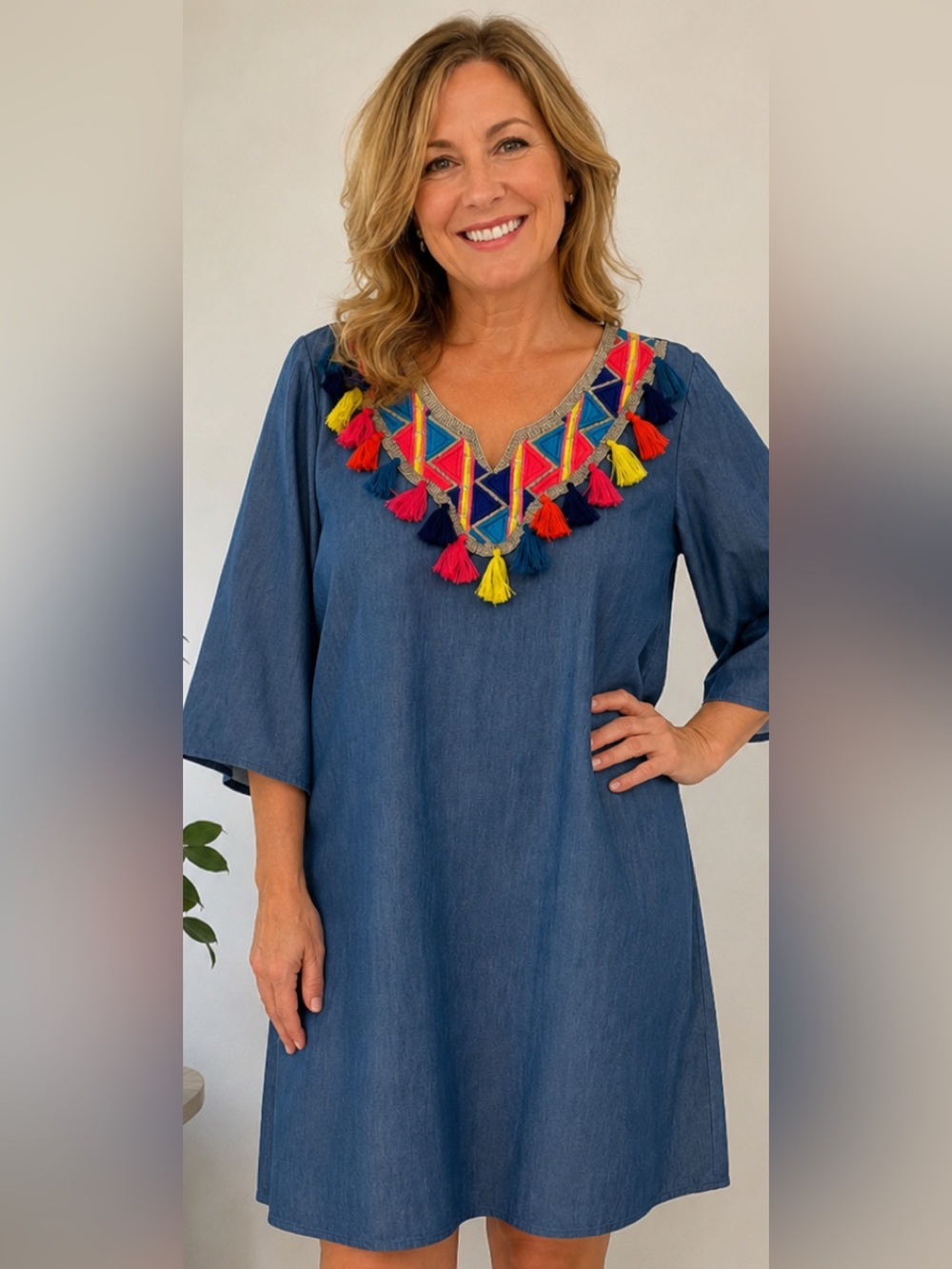 Velzera Blue Chambray Tunic Multicolor Tassel Trim Sz XXL NWT